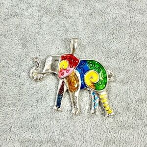 Silver Tone  Multicolor Enamel Elephant Pendant